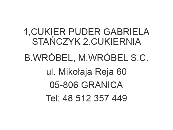 1,CUKIER PUDER GABRIELA STAŃCZYK 2.CUKIERNIA B.WRÓBEL, M.WRÓBEL S.C. ul. Mikołaja Reja 60 