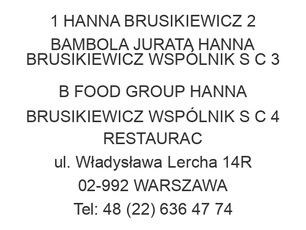 1 HANNA BRUSIKIEWICZ 2 BAMBOLA JURATA HANNA BRUSIKIEWICZ WSPÓLNIK S C 3 B FOOD GROUP HANNA BRUSIKIEWICZ WSPÓLNIK S C 4 RESTAURAC ul. Władysława Lercha 14R 