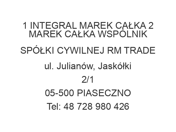 1 INTEGRAL MAREK CAŁKA 2 MAREK CAŁKA WSPÓLNIK SPÓŁKI CYWILNEJ RM TRADE ul. Julianów, Jaskółki 2/1 