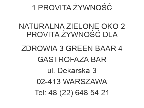 1 PROVITA ŻYWNOŚĆ NATURALNA ZIELONE OKO 2 PROVITA ŻYWNOŚĆ DLA ZDROWIA 3 GREEN BAAR 4 GASTROFAZA BAR ul. Dekarska 3 