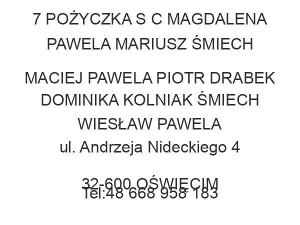 7 POŻYCZKA S C MAGDALENA PAWELA MARIUSZ ŚMIECH MACIEJ PAWELA PIOTR DRABEK DOMINIKA KOLNIAK ŚMIECH WIESŁAW PAWELA ul. Andrzeja Nideckiego 4 