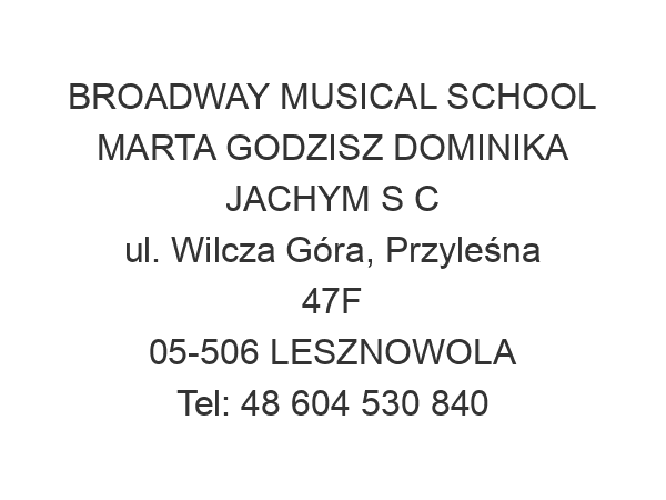 BROADWAY MUSICAL SCHOOL MARTA GODZISZ DOMINIKA JACHYM S C ul. Wilcza Góra, Przyleśna 47F 