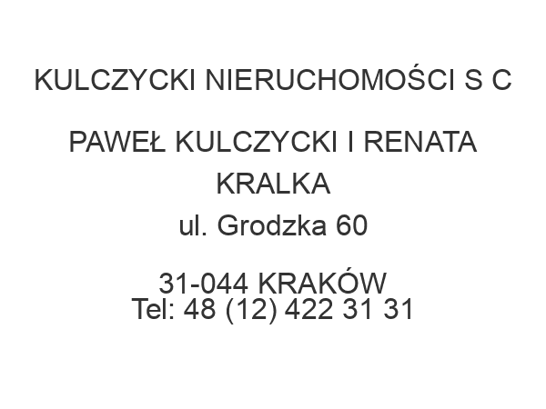 KULCZYCKI NIERUCHOMOŚCI S C PAWEŁ KULCZYCKI I RENATA KRALKA ul. Grodzka 60 