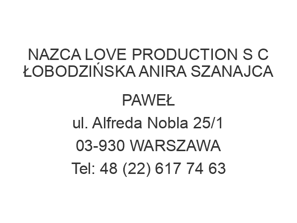 NAZCA LOVE PRODUCTION S C ŁOBODZIŃSKA ANIRA SZANAJCA PAWEŁ ul. Alfreda Nobla 25/1 