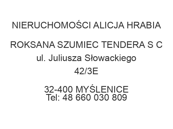 NIERUCHOMOŚCI ALICJA HRABIA ROKSANA SZUMIEC TENDERA S C ul. Juliusza Słowackiego 42/3E 