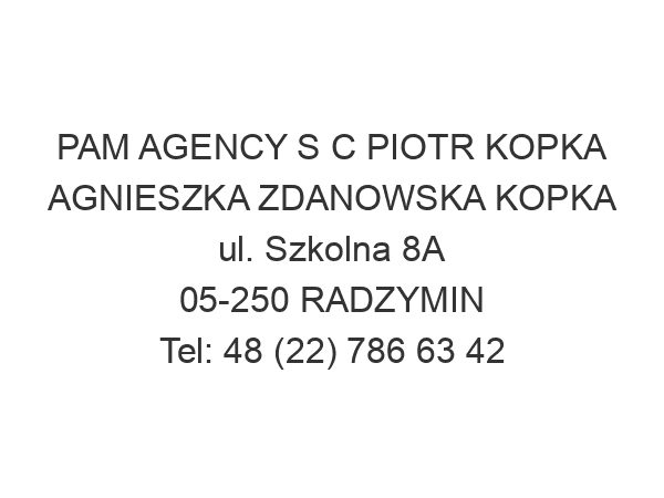 PAM AGENCY S C PIOTR KOPKA AGNIESZKA ZDANOWSKA KOPKA ul. Szkolna 8A 