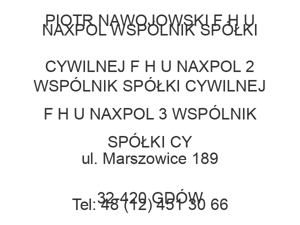 PIOTR NAWOJOWSKI F H U NAXPOL WSPÓLNIK SPÓŁKI CYWILNEJ F H U NAXPOL 2 WSPÓLNIK SPÓŁKI CYWILNEJ F H U NAXPOL 3 WSPÓLNIK SPÓŁKI CY ul. Marszowice 189 