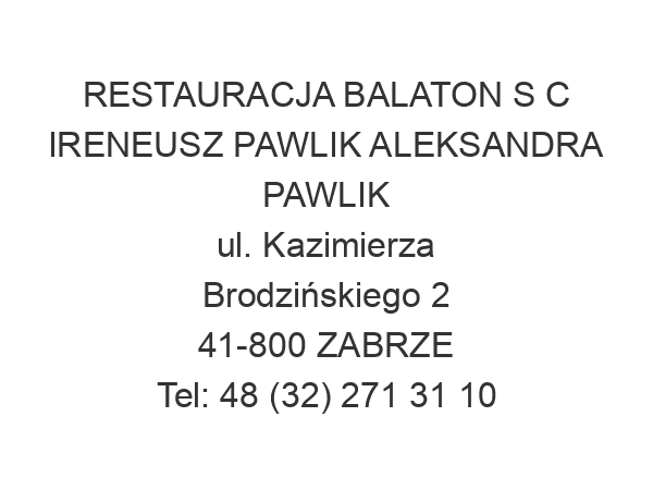 RESTAURACJA BALATON S C IRENEUSZ PAWLIK ALEKSANDRA PAWLIK ul. Kazimierza Brodzińskiego 2 