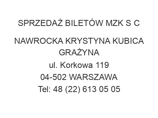 SPRZEDAŻ BILETÓW MZK S C NAWROCKA KRYSTYNA KUBICA GRAŻYNA ul. Korkowa 119 