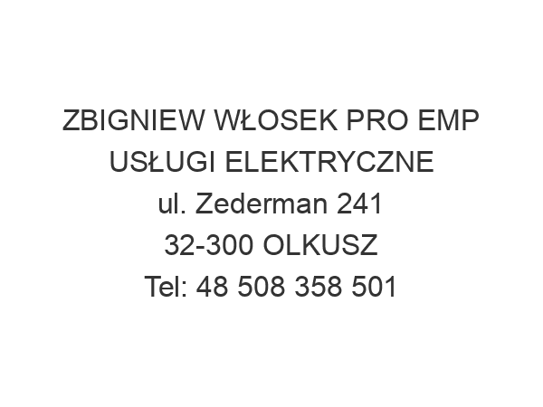 ZBIGNIEW WŁOSEK PRO EMP USŁUGI ELEKTRYCZNE ul. Zederman 241 